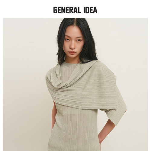 GENERAL IDEA BY BUMSUK女士新款褶皱半领针织上衣短袖休闲时尚