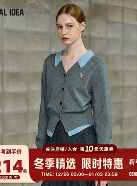 GENERAL IDEA BY BUMSUK领口拼接撞色V领假两件针织开衫女上衣秋