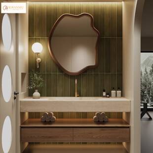 中古风岩板热弯一体盆透光无缝陶瓷盆两件式浴室柜组合化妆室洗漱