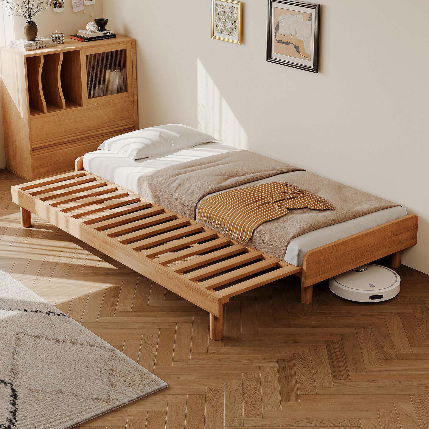 樱桃木多功能伸缩床抽拉床1米5床小户型单人双人两用全实木沙发床