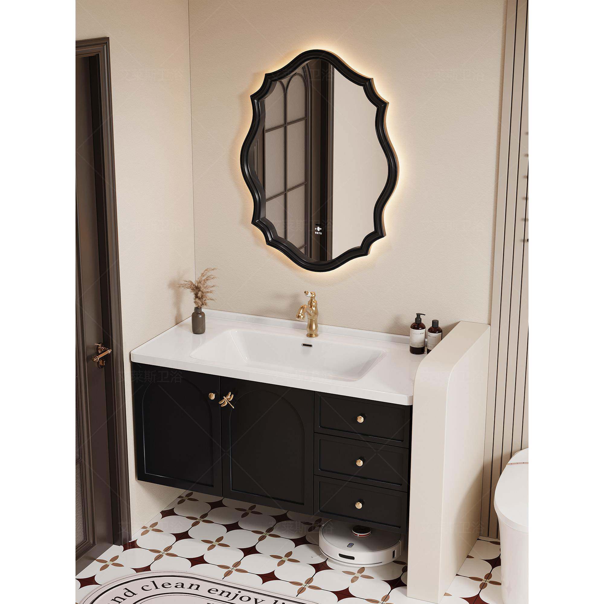 法式中古风橡木浴室柜陶瓷一体盆卫生间洗漱台洗手池洗脸盆柜组合