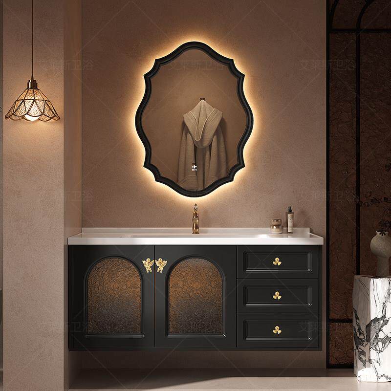 法式橡木浴室柜陶瓷一体盆中古风化妆室洗漱台洗手池洗脸盆柜组合