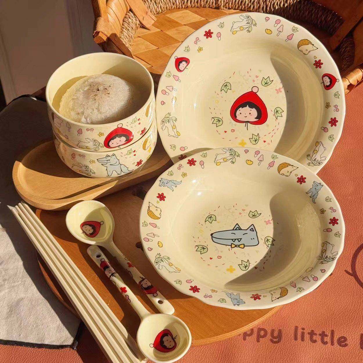 可爱红帽女孩陶瓷碗高颜值一人食餐具二人食碗碟套装家用盘子饭碗