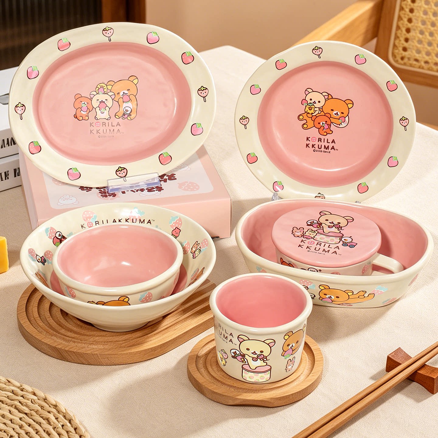 萌兔兔轻松熊米饭碗家用圆碗具组合装菜盘子可爱女生乔迁送礼餐具