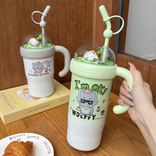 喜羊羊大容量保温杯带把手吸管杯