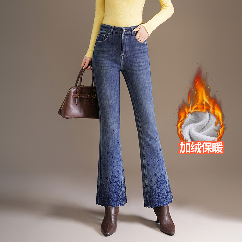刺绣高腰烫钻牛仔裤广州新塘女裤显瘦喇叭裤长裤直筒时尚加绒修身