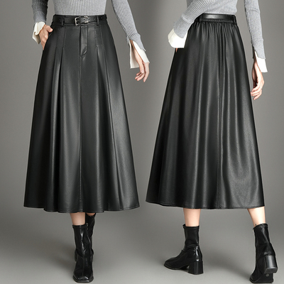 2025新款高腰H型不褪色系扣休闲风半身裙百褶裙显瘦秋冬黑色