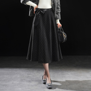 轻熟风休闲风保暖中长裙半身裙高腰裙子黑色纱裙秋冬气质显瘦