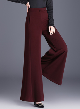 加绒阔腿裤女2025冬季新款红色洋气妈妈裤子显瘦长款拖地喇叭裤裙