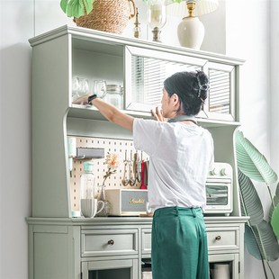 实木餐边柜客厅一体靠墙茶水柜厨房碗橱柜绿色大容量酒柜 自观美式