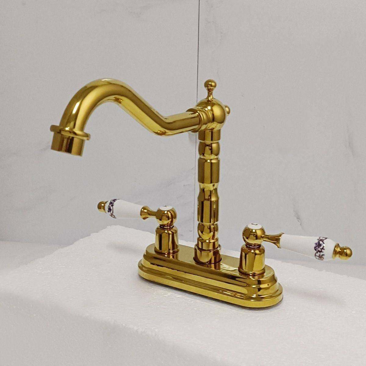黄铜洗脸池浴室柜冷热面盆水龙头欧式双孔旋转金色洗手盆四寸三孔,家装主材,面盆龙头,淘宝优惠券,粉丝福利购,淘宝优惠卷