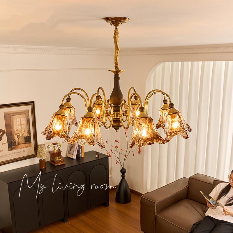 法式中古客厅吊灯2025新款美拉德宋代美学复古实木主卧室餐厅灯具
