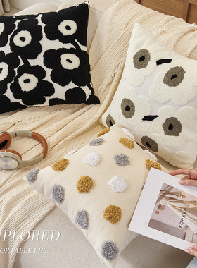 北欧ins风罂粟花靠枕黑白色腰枕床头抱枕靠垫客厅沙发抱枕套