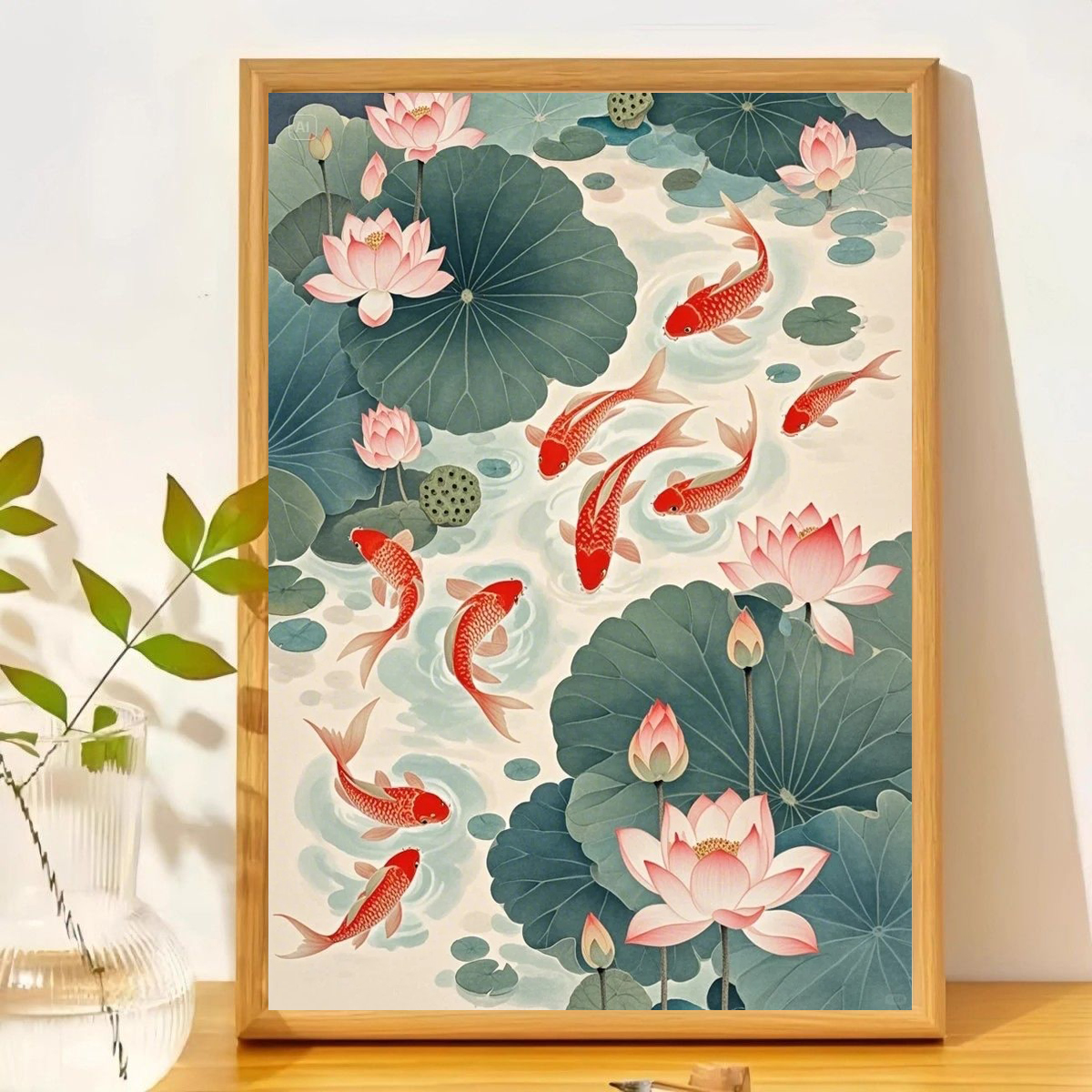 九鱼图相框摆台客厅装饰画新中式荷花锦鲤手绘油画客厅好寓意挂画图片