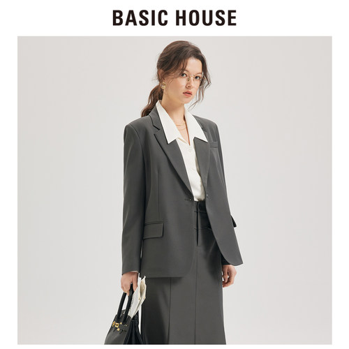 Basic House/百家好灰色西装外套女韩式气质鱼尾裙高级感西服套装