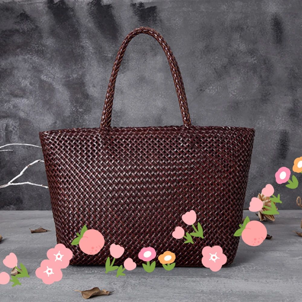 Women Leather Handbag Romantic Big Handmade Woven Totes Fema