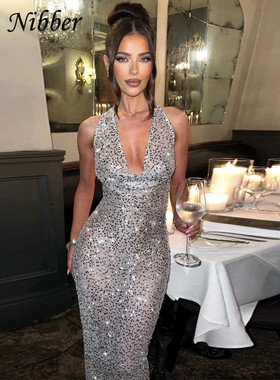 Nibber Sequins Sexy Hollow Dress Women See Through Backless