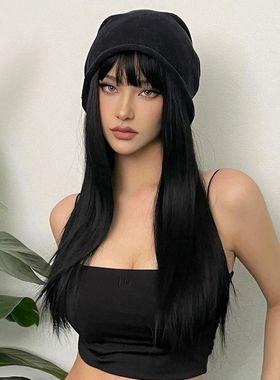 Black synthetic wig, long straight wig, straight bangs, dail