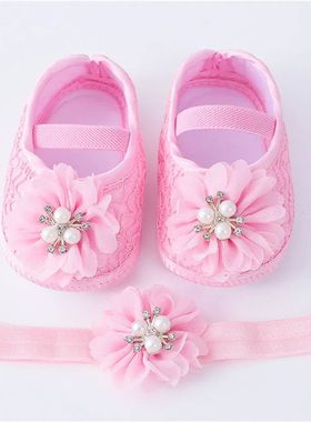 0-18months Baby Girls Shoes And Headband Soft Sole Non-Slip