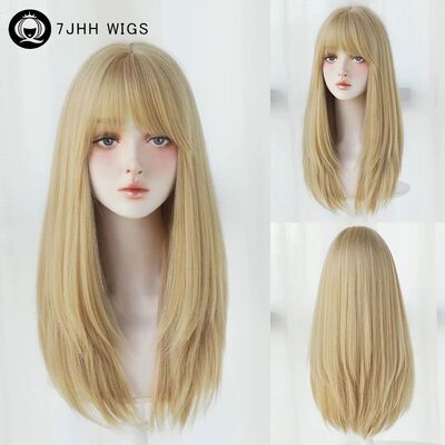 Straight Layered Blonde Wigs with Neat Bangs High Density Sy