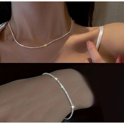 2pcs Set Shiny Sparkling Silver Plated Clavicle Chain Neckla