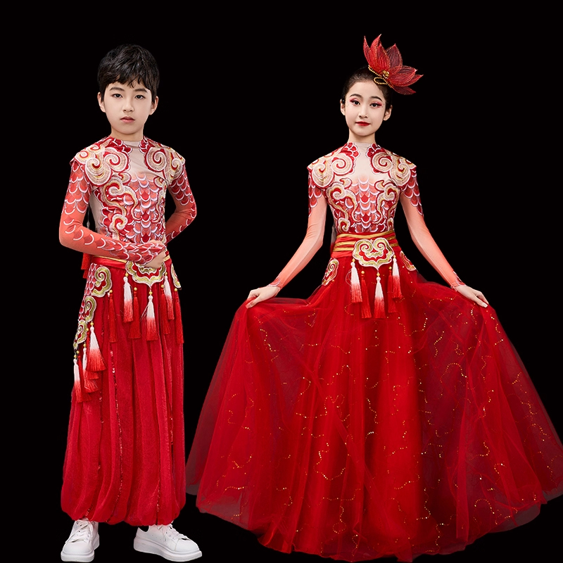 六一儿童男女集体表演服摆裙中国风喜庆锣鼓腰鼓服舞龙舞狮打鼓服