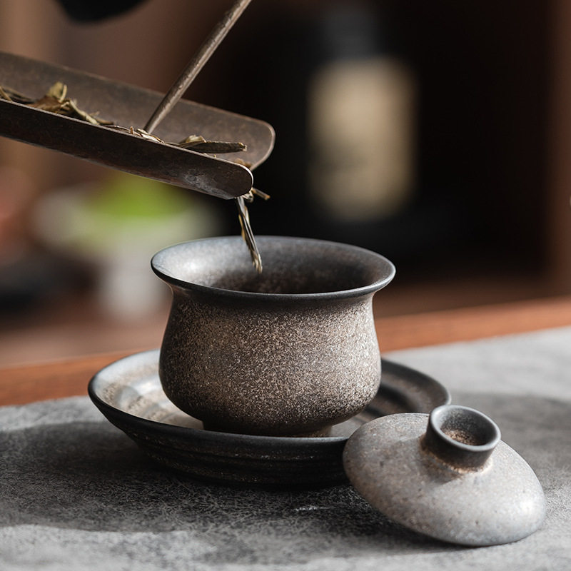 鎏金铁锈釉粗陶三才盖碗一人复古轻奢茶室泡茶碗三件套德化茶具