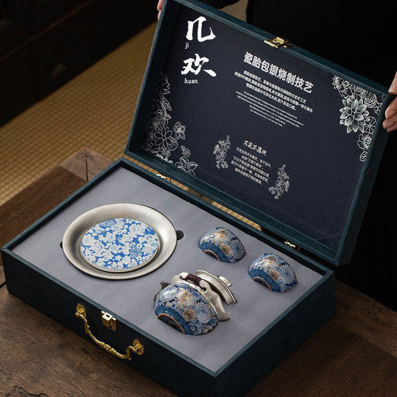 999银鎏银功夫茶具套装珐琅彩茶壶银壶一壶二杯高档礼品盒送长辈