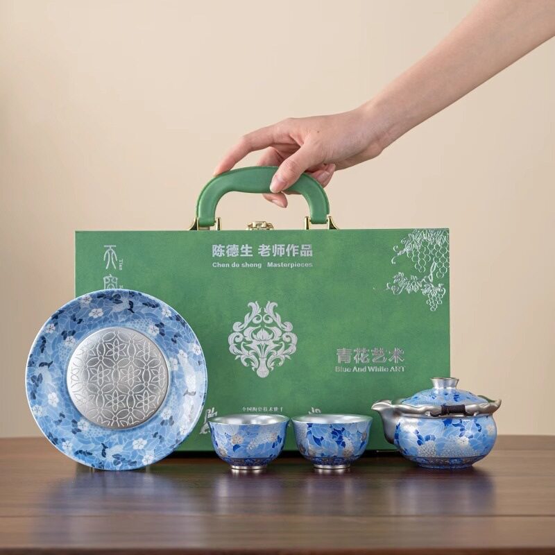陈德生鎏银汝窑功夫茶具套装高档一壶二杯手抓壶茶杯礼盒装伴手礼