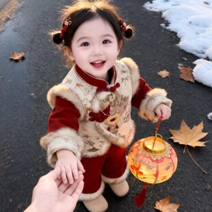 女童中国风拜年服冬季加绒加厚刺绣唐装套装保暖过年服周岁礼服装
