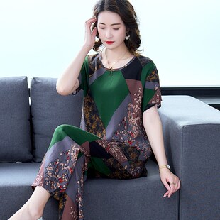 宽松棉绸夏款 夏季 人造棉女士睡衣家居服大码 薄款 可外穿两件套 短袖