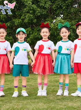 儿童演出服小学生合唱服红色纱裙夏装短袖可爱舞蹈服幼儿园表演服