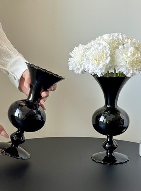 中古黑色花瓶摆件小众高级感法式客厅玻璃水培鲜花插花复古轻奢