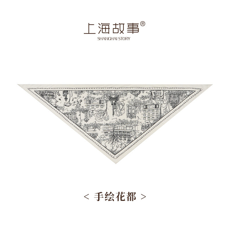 上海故事手绘花都三角防风丝毛双围巾/丝巾/披肩