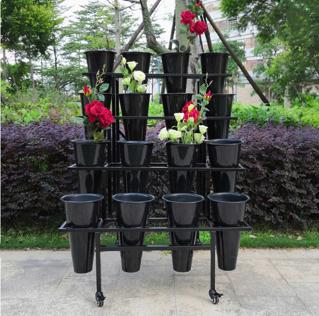 花店花架鲜花架展示架铁艺多层货架可移动带轮子塑料圆桶鲜花