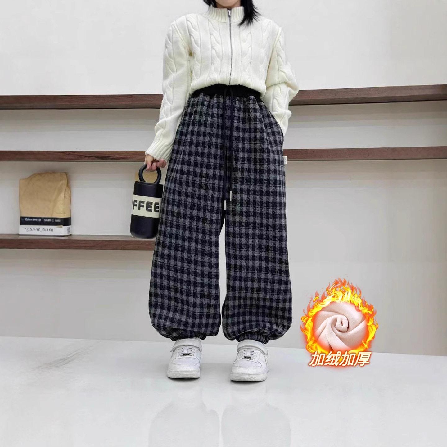 儿童加绒格子裤2026款冬季男女童拼腰格子保暖休闲韩版束口长裤批