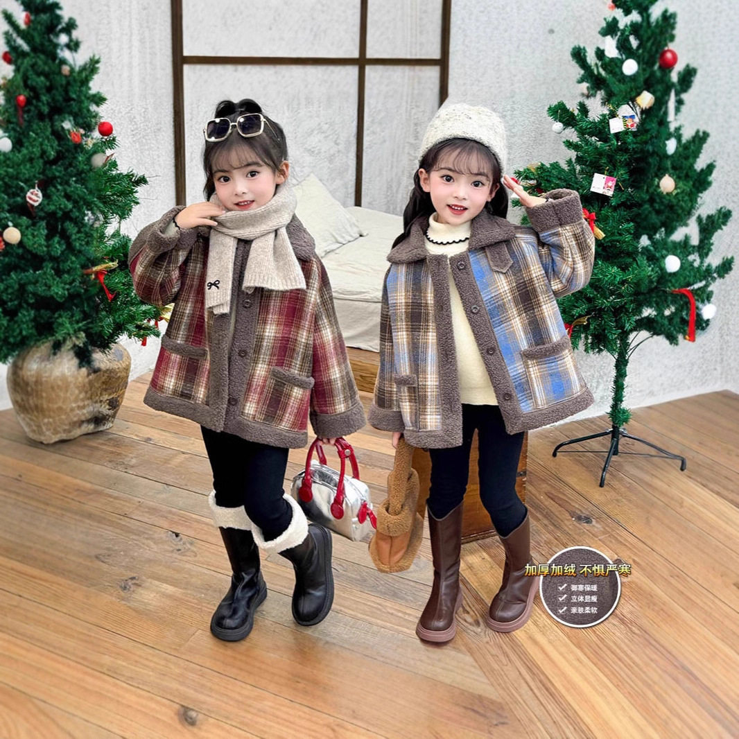 女童格子棉服冬季加厚加绒儿童棉衣外套休闲方领保暖童棉袄