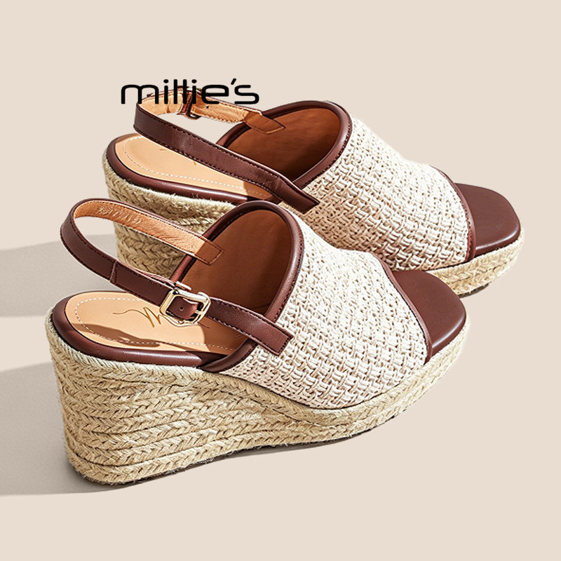 MILLIE'S/妙丽草编坡跟罗马凉鞋女夏季编织一字带露趾高跟鞋P