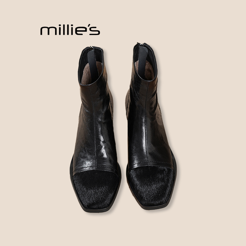 妙丽真皮粗跟高跟短靴巨好看