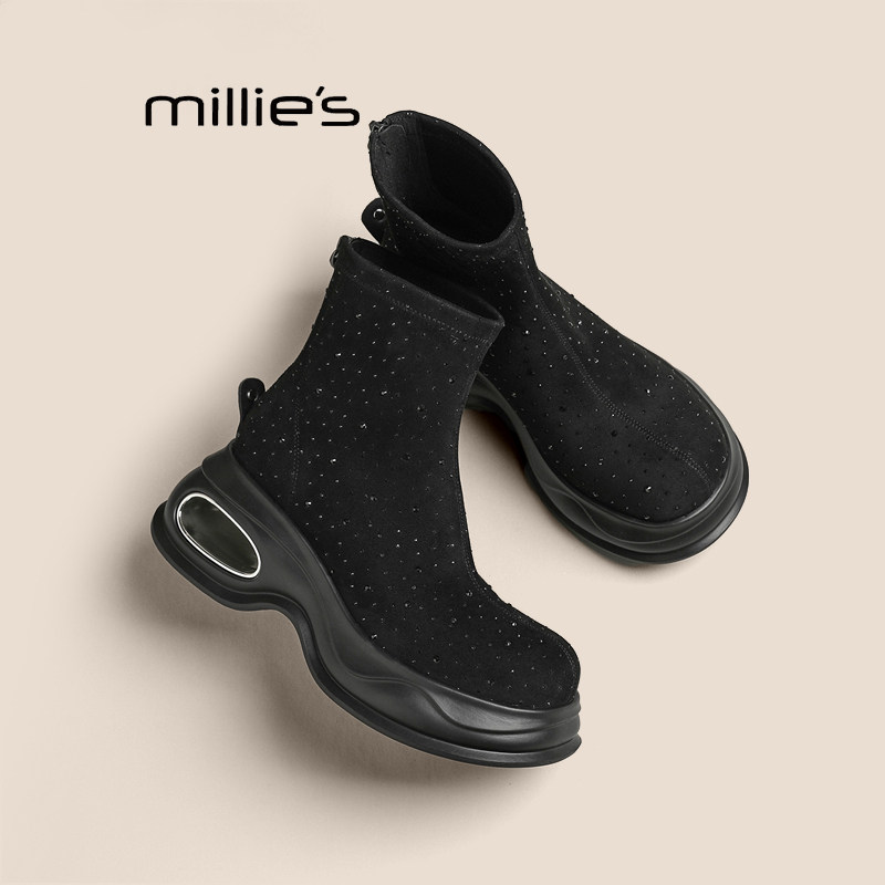MILLIE'S/妙丽2026秋新款弹力靴女款短靴厚底水钻单里马丁靴圆头