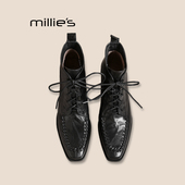 MILLIE 妙丽秋冬头层牛皮文艺复古方头系带百搭休闲马丁靴女潮Z