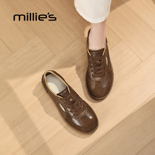 百搭平底运动鞋 MILLIE 女真皮系带休闲板鞋 妙丽复古德训鞋