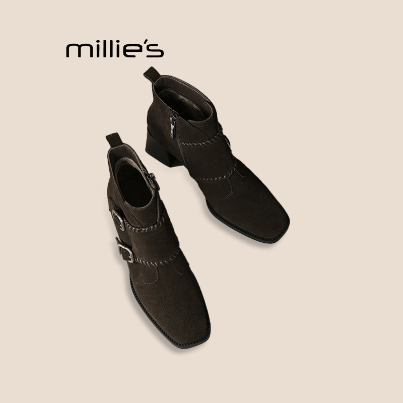 MILLIE'S/妙丽气质方头粗跟西部短靴女磨砂真皮洋气时装单靴短靴Z,女鞋,马丁靴,淘宝优惠券,粉丝福利购,淘宝优惠卷