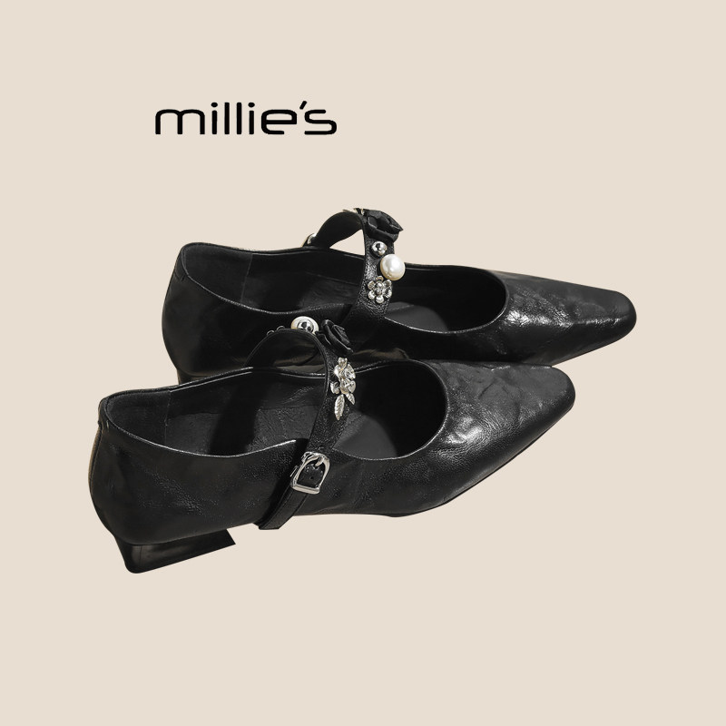 MILLIE'S/妙丽玛丽珍鞋女森系夏新款舒适方头黑色通勤平底单鞋女