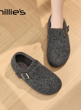MILLIE'S/妙丽灰色毛呢勃肯鞋女平底轻便休闲鞋金属扣百搭单鞋Z