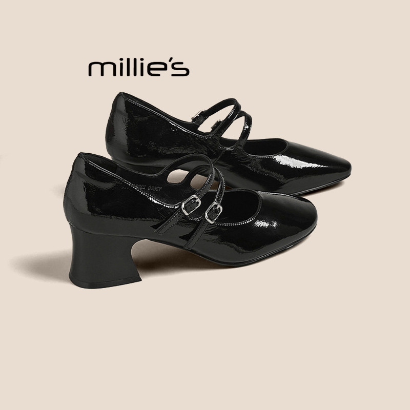 MILLIE'S/妙丽黑色春季漆皮玛丽珍鞋女粗跟一字带轻熟风高跟鞋Q
