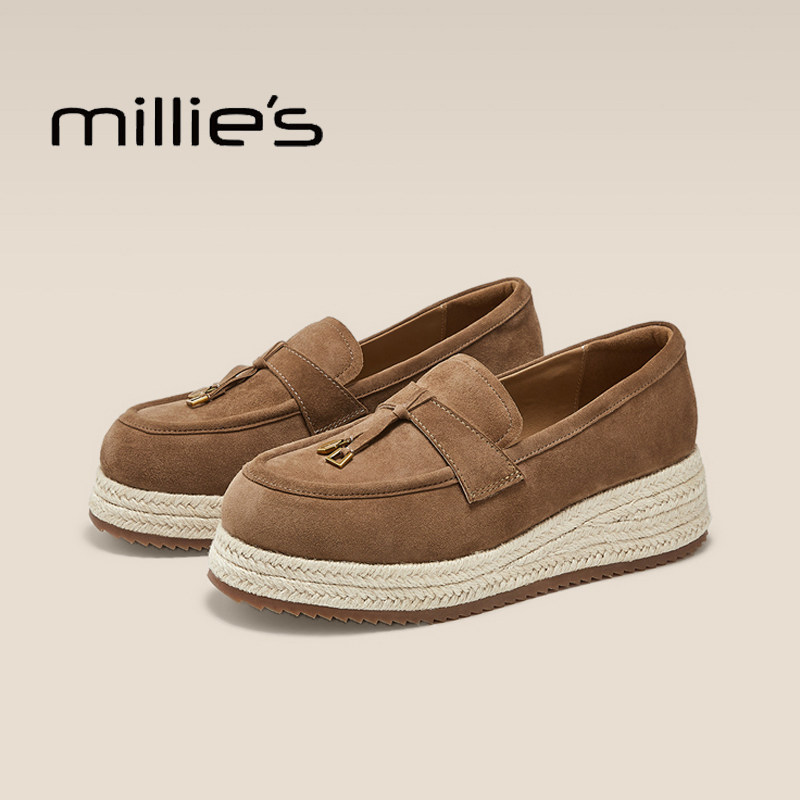 MILLIE'S/妙丽复古编织厚底乐福鞋女款2026夏季新款一脚蹬渔夫鞋