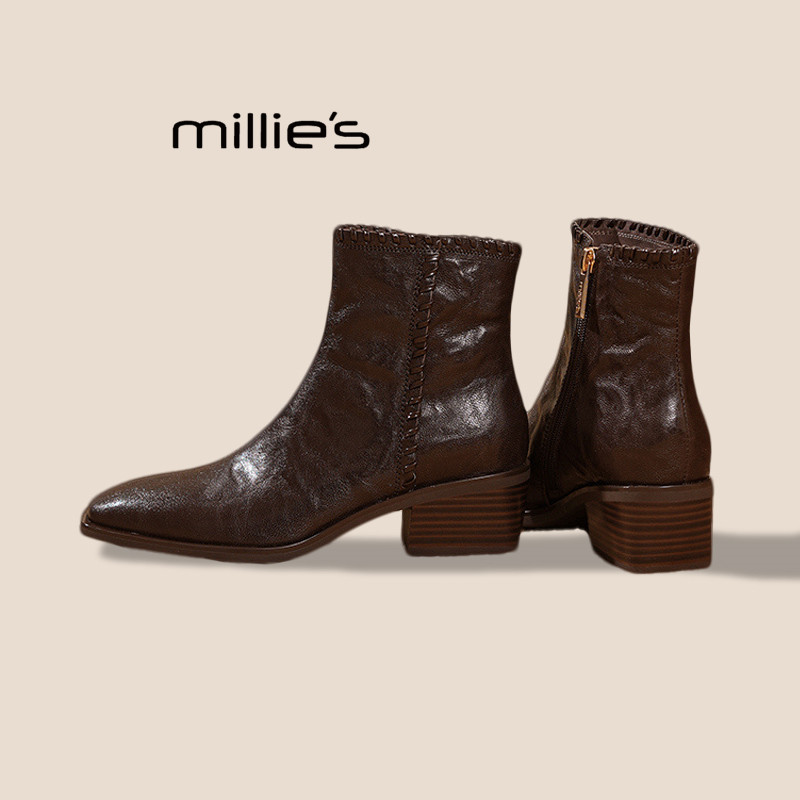 MILLIE'S/妙丽尖头小短靴女2025秋季新款复古切尔西靴粗跟马丁靴Q,女鞋,时装靴,淘宝优惠券,粉丝福利购,淘宝优惠卷