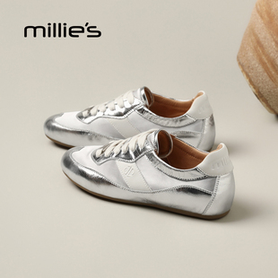 休闲运动鞋 妙丽银色方头阿甘鞋 时尚 女真皮平底德训鞋 MILLIE