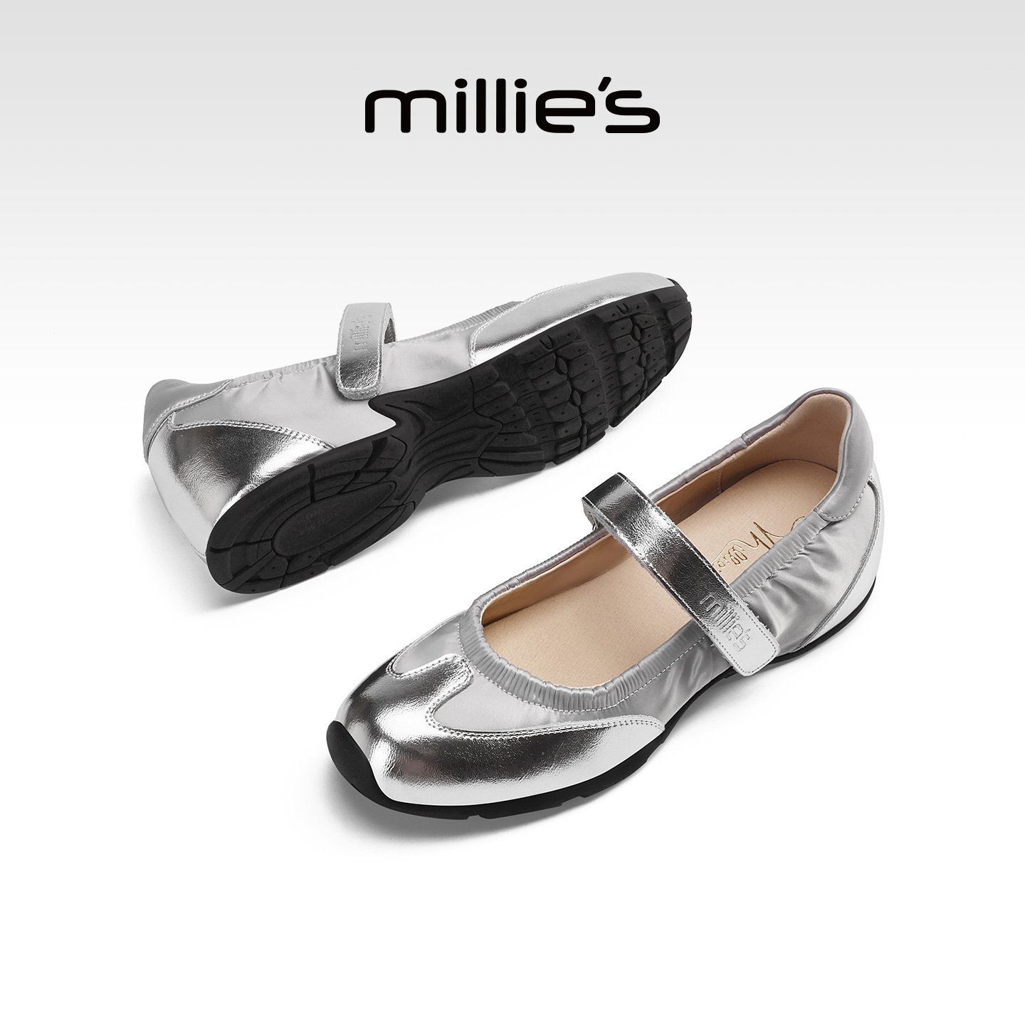 MILLIE'S/妙丽银色真皮玛丽珍鞋女一字带平底芭蕾鞋百搭休闲单鞋Z,女鞋,时尚芭蕾鞋,淘宝优惠券,粉丝福利购,淘宝优惠卷